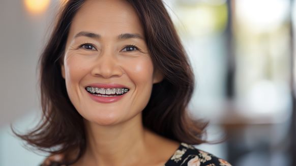 A woman with metal braces.